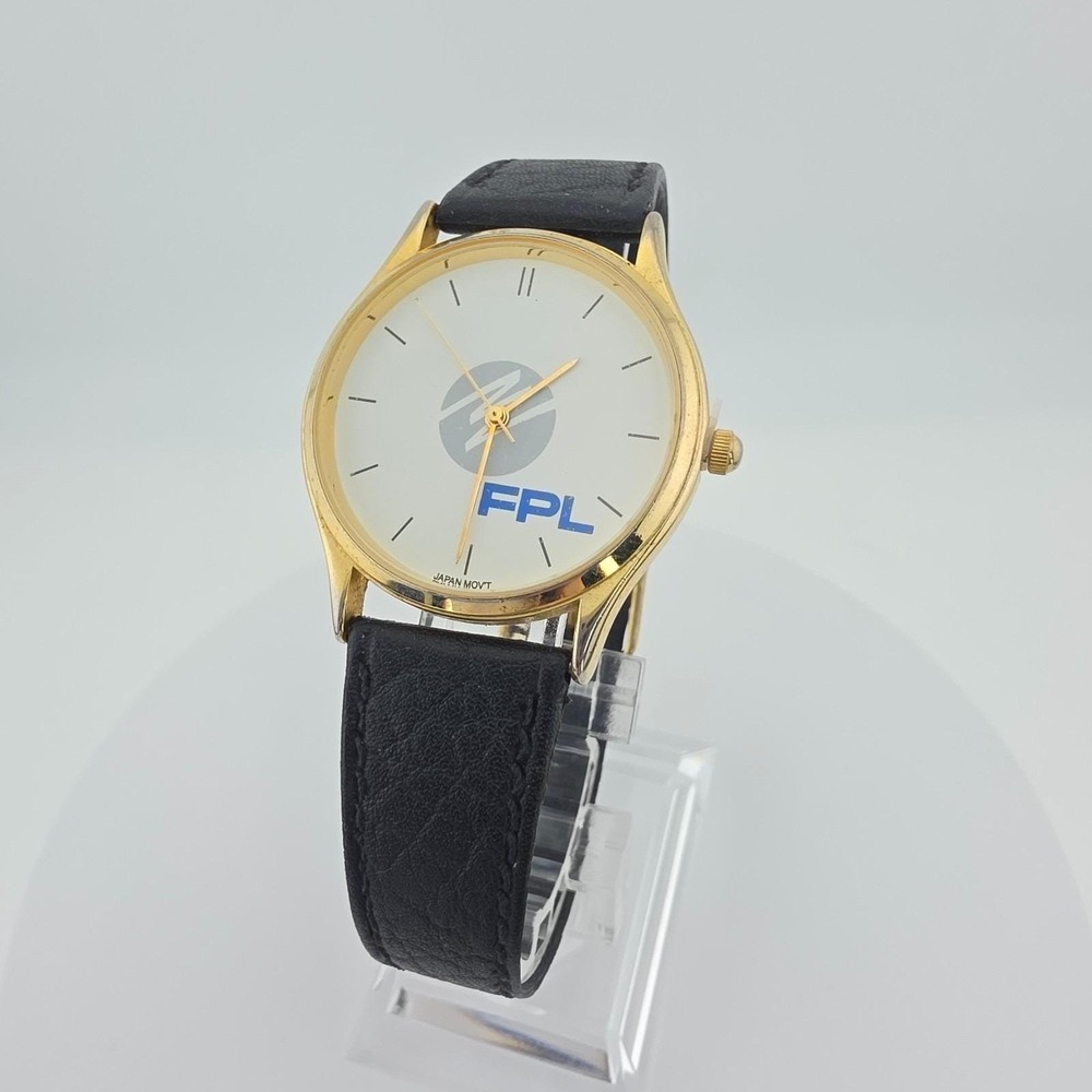 Vintage F.L.P. Mens Watch White Dial Blue Logo Black Leather Band Gold Plate 8"